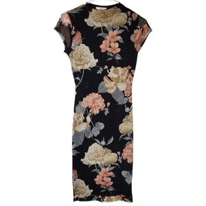 🟢2231 * A3 Design Mesh Floral Bodycon Midi Dress Black Size S Vintage